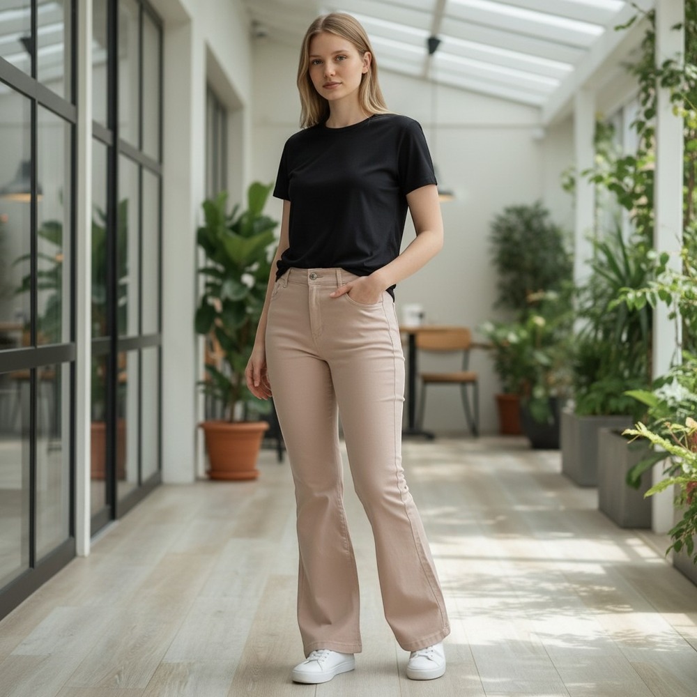 No Comment Women Tan Flare Pants High Rise Elastic Waist Twill Trousers M